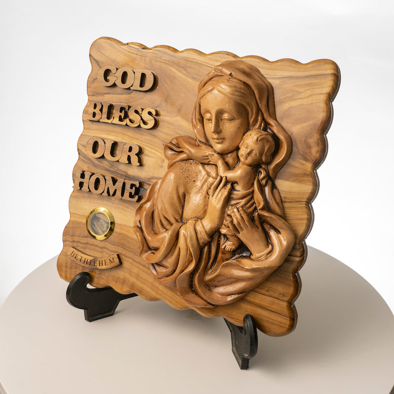 Olivewood “God bless our home” with Jesus and Mary Plaque