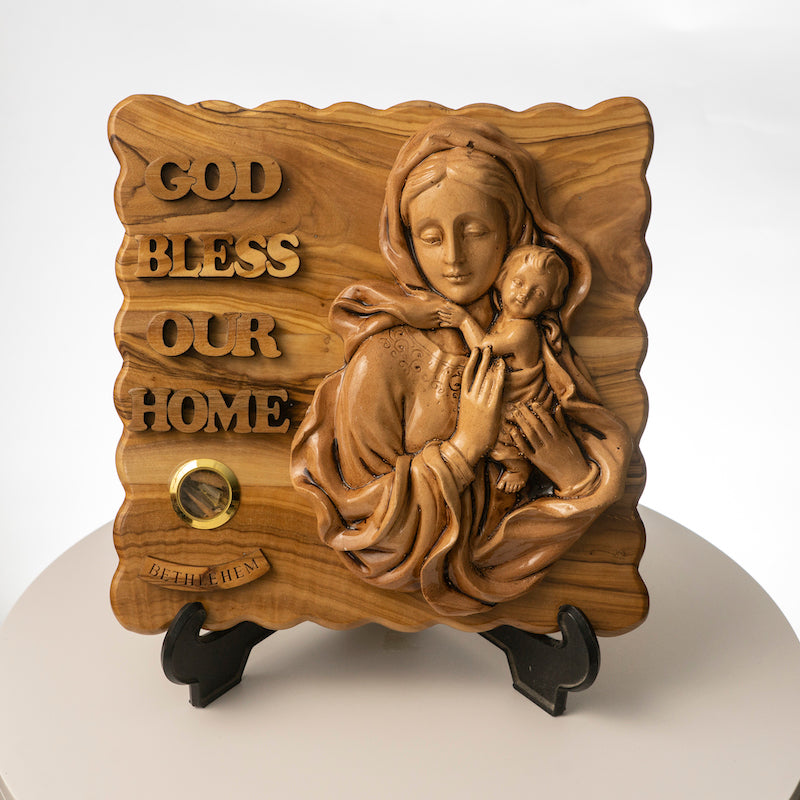 Olivewood “God bless our home” with Jesus and Mary Plaque