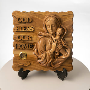 Olivewood “God bless our home” with Jesus and Mary Plaque