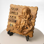 Load image into Gallery viewer, Olivewood “God bless our home” with Jesus and Mary Plaque
