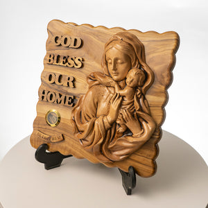 Olivewood “God bless our home” with Jesus and Mary Plaque
