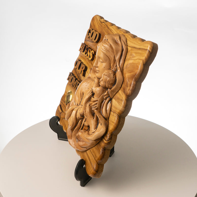 Olivewood “God bless our home” with Jesus and Mary Plaque